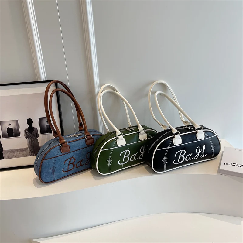 MOODS Retro Bowling Shoulder Bags For Women Letter Embroidery Solid Color Long Handle Boston Bag 2023 Luxury Designer Handbags