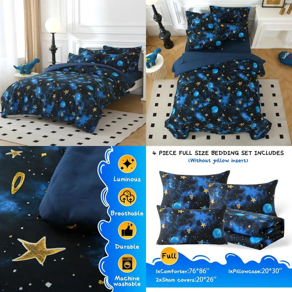 

Полный комплект постельного белья в синей космической тематике с 1 наволочкой и 2 декоративными наволочками для детей и подростков
