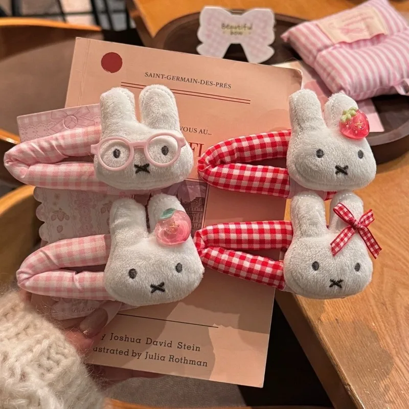 New Kawaii Miffy Red Grid Strawberry Miffy Rabbit Hairpin Girl Heart High Elasticity Hair Rope Tail Maruko Head Hair Accessory