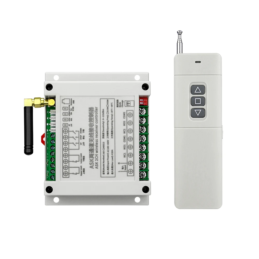 433mhz AC 220V  240V  380V 2 CH  RF Wireless Remote Control Switch   30A Relay  for Electric Retractable Door/Shutter Limit