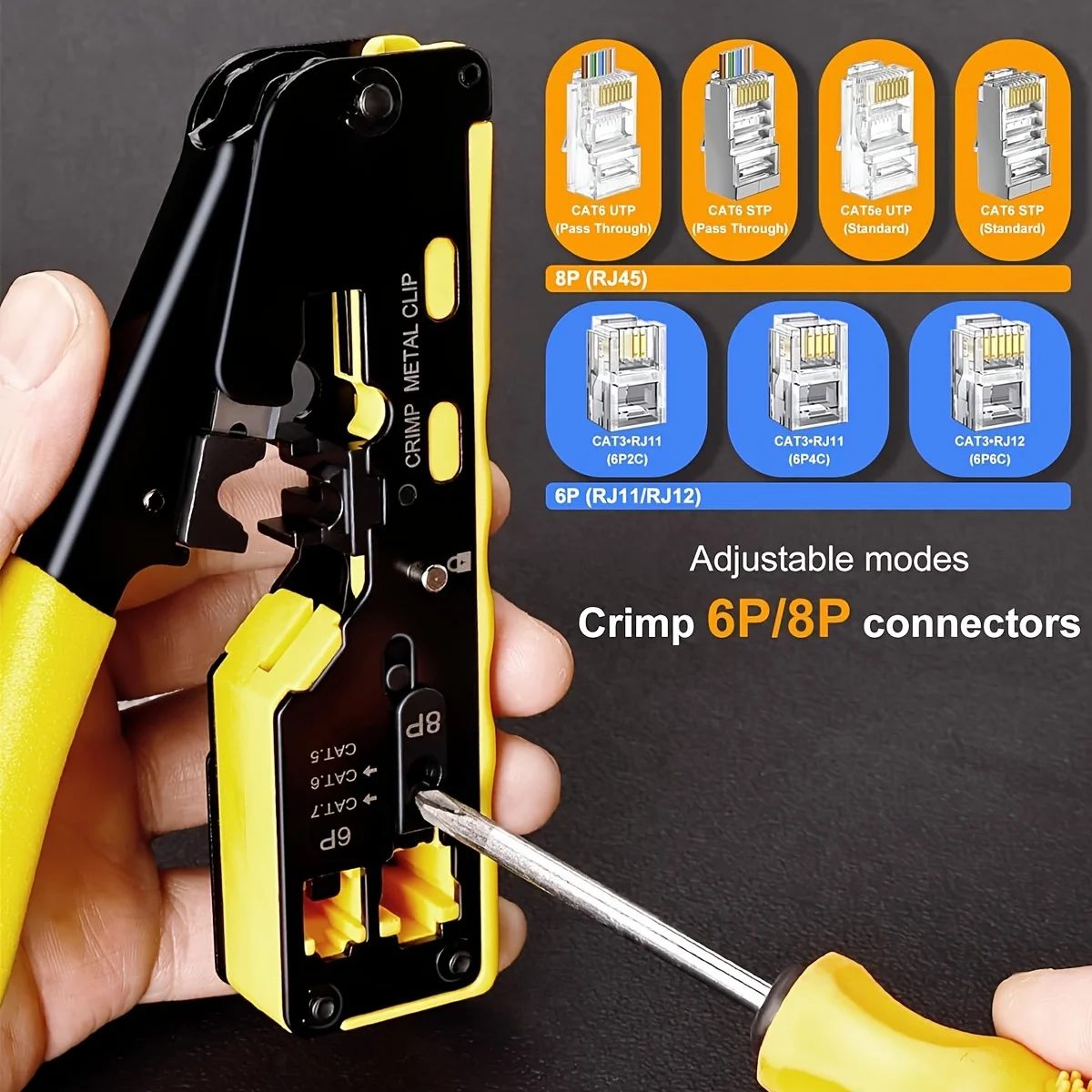 Straight RJ45 Crimping Tool Kit, Integrated Ethernet Crimper Cat7 Cat6 Cat5 Crimping Tool Ratchet Modular Data Cable Crimper