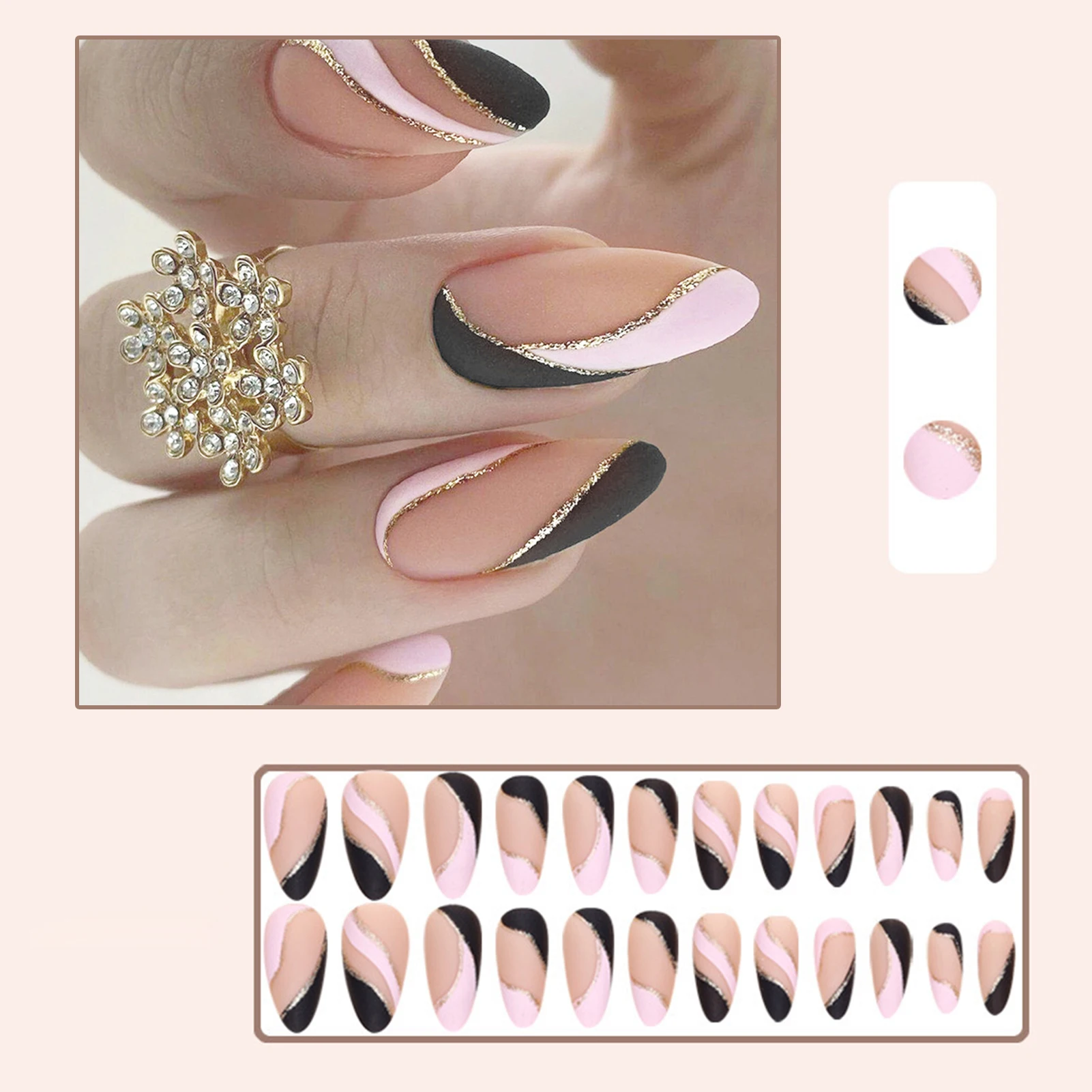 French Nude Fake Nails with Pink Black Decor Charming Comfortable to Wear Manicure Nails for Stage Performance Wear