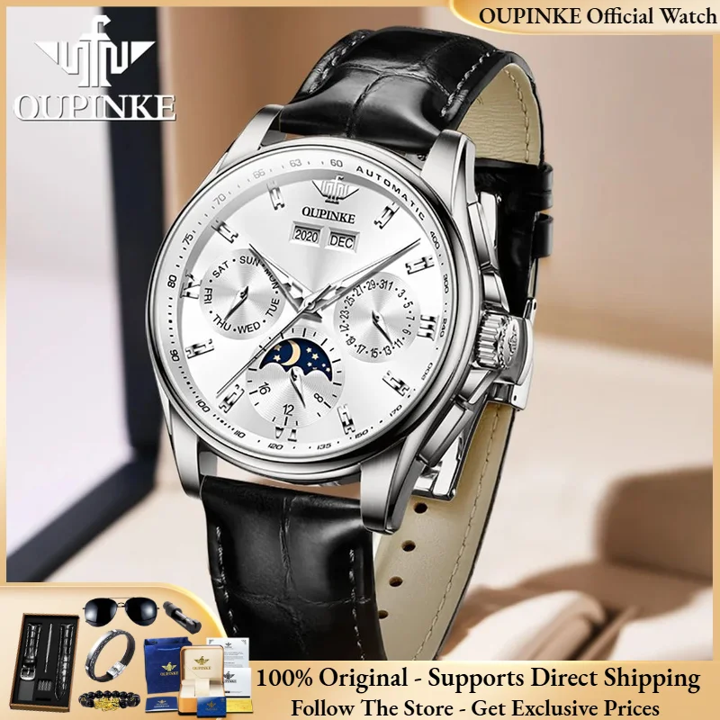 OUPINKE 3189 Men Watch Brand Luxury Calendar Waterproof HD Chronograph Leather Strap Moon Phase Men Automatic Mechanical Watch