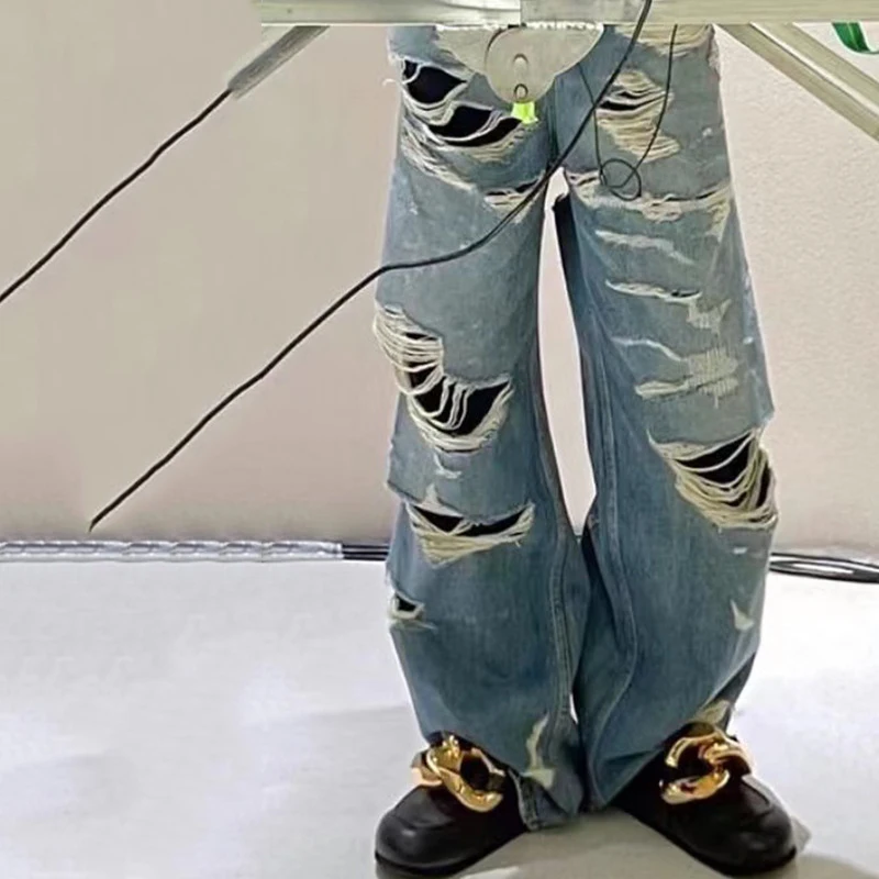 HKSH Spring Autumn New Man Punk Tide Original Design Jeans Double Layered Tassels Straight Denim Pants Baggy Holes Retro HK5655