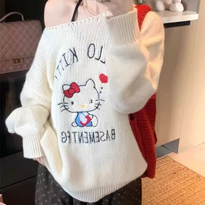 산리오 헬로 키티 섹시한 여성의 비대칭 어깨 긴 소매 니트 스웨터 만화 패션 소녀 겨울 따뜻한 자수 스웨터