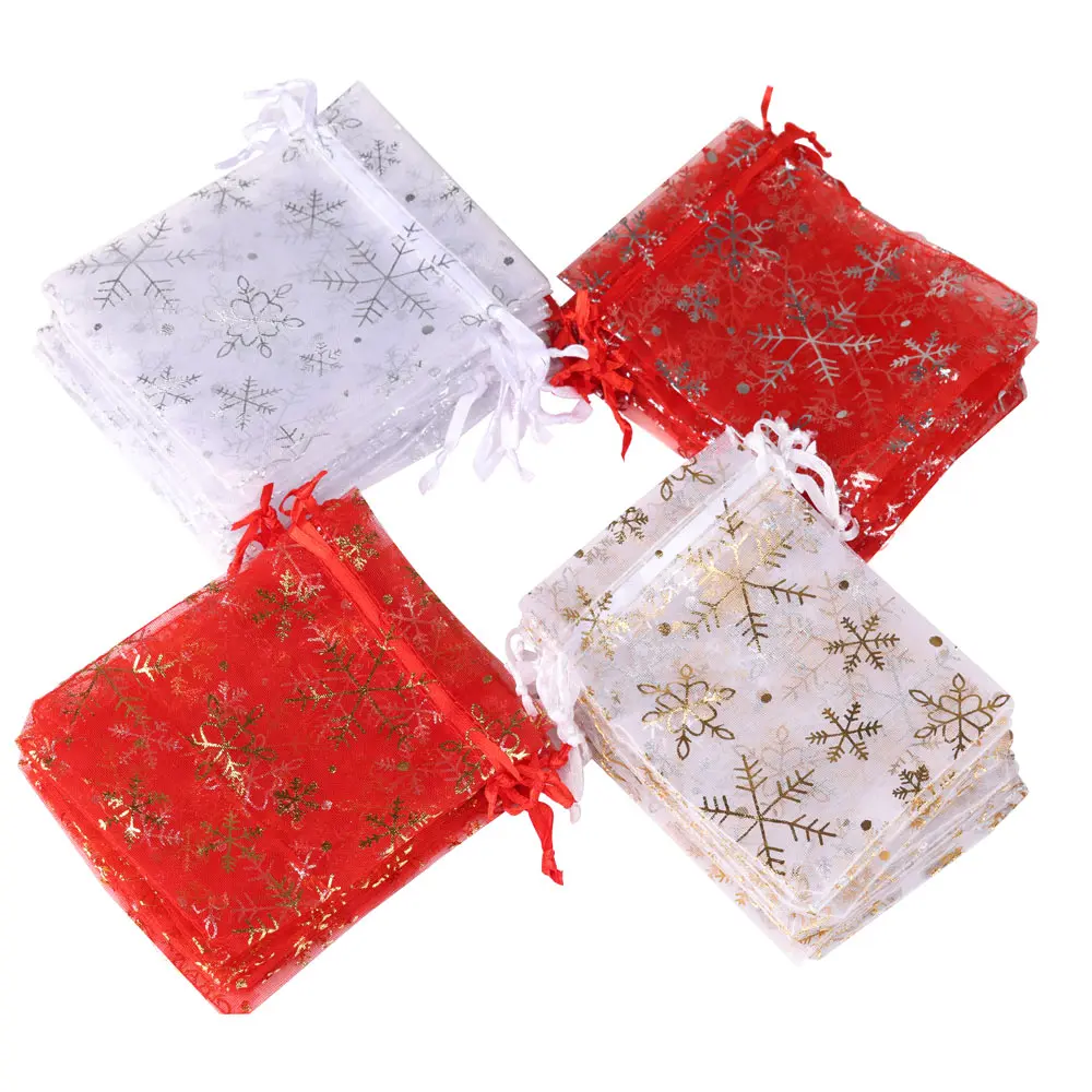 

Hot Printing Organza Gift Bag For Jewelry Snowflake Drawstring Pouches For Wedding Christmas Party Candy Packing