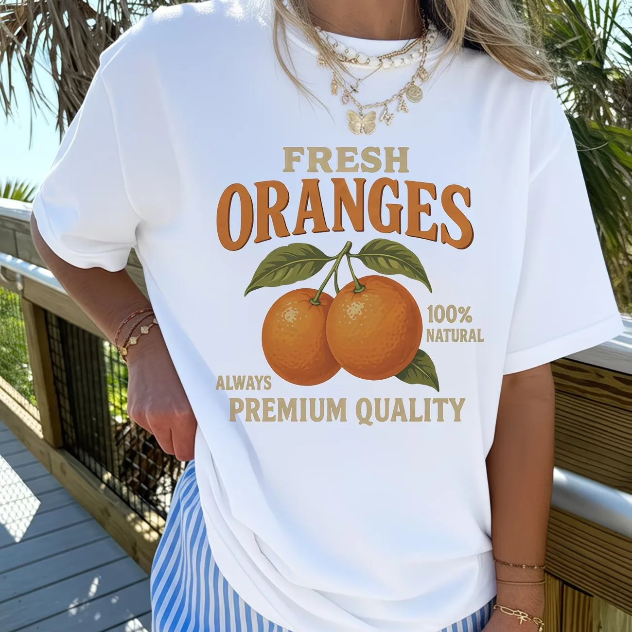 Camiseta Retro con Estampado de Frutas Naranjas, Estilo Veraniego, Gráficos Estéticos, Tops Modernos para Mujer, Camiseta Holgada Informal de Manga Corta para Vacaciones