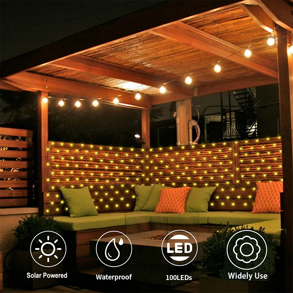 Outdoor Solar Mesh Net Fairy String Light, Guirlanda de Cortina, Natal, Jardim, Pátio, Varanda, Janela, Natal, 1.1x1.1m, 2x3m, 8 Modos