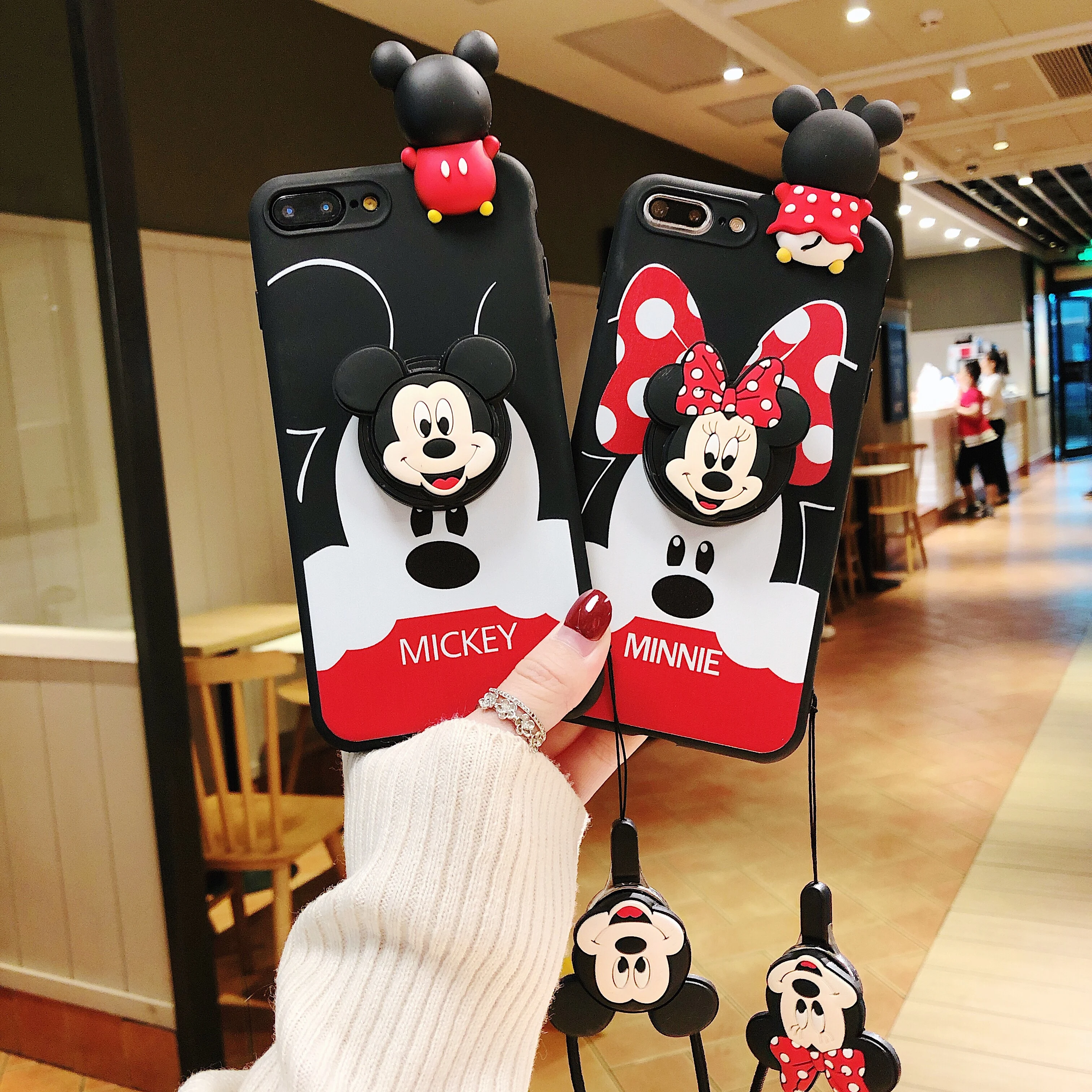 Minne Mickey Phone Case For OPPO Realme 11 Pro Plus 10 9 11X 9i 8 Pro 7 6 5 2 8i 8s 7i 5i 6i Top Strap Rope With Holder Cover