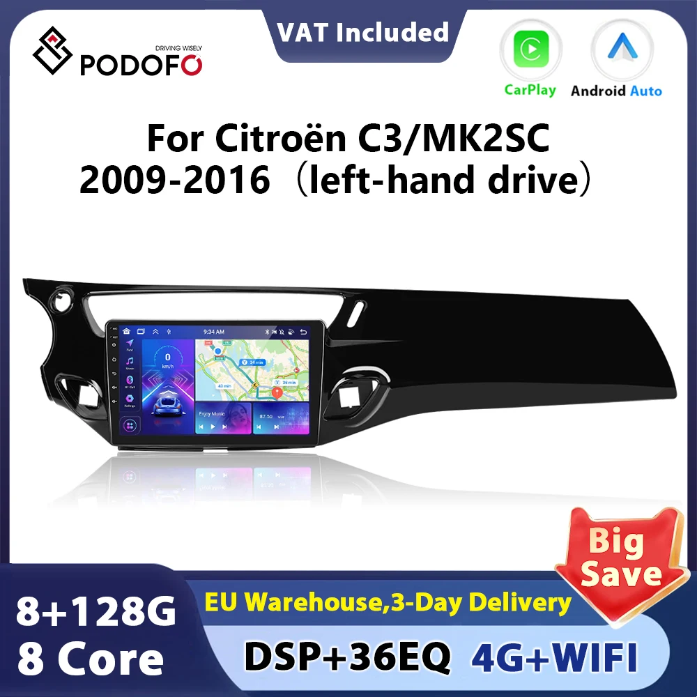 Podofo autoradio sans fil CarPlay Android Auto Android pour citroën C3 MK2SC 2009-2016 Navigation GPS WiFi RDS BT 2din autoradio