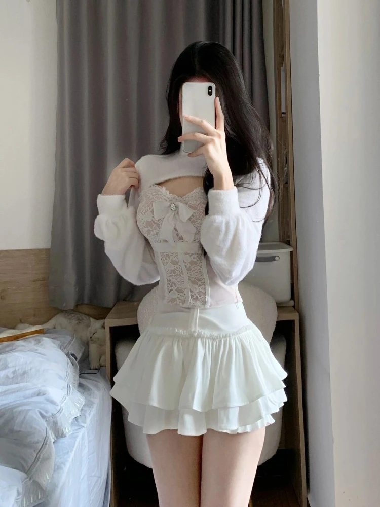 Korean Fashion White Skirt Sets Women Casual Slim Crop Tops + Sexy Y2K Lace Vest + Sweet Party Kawaii Mini Skirt 2024 Spring