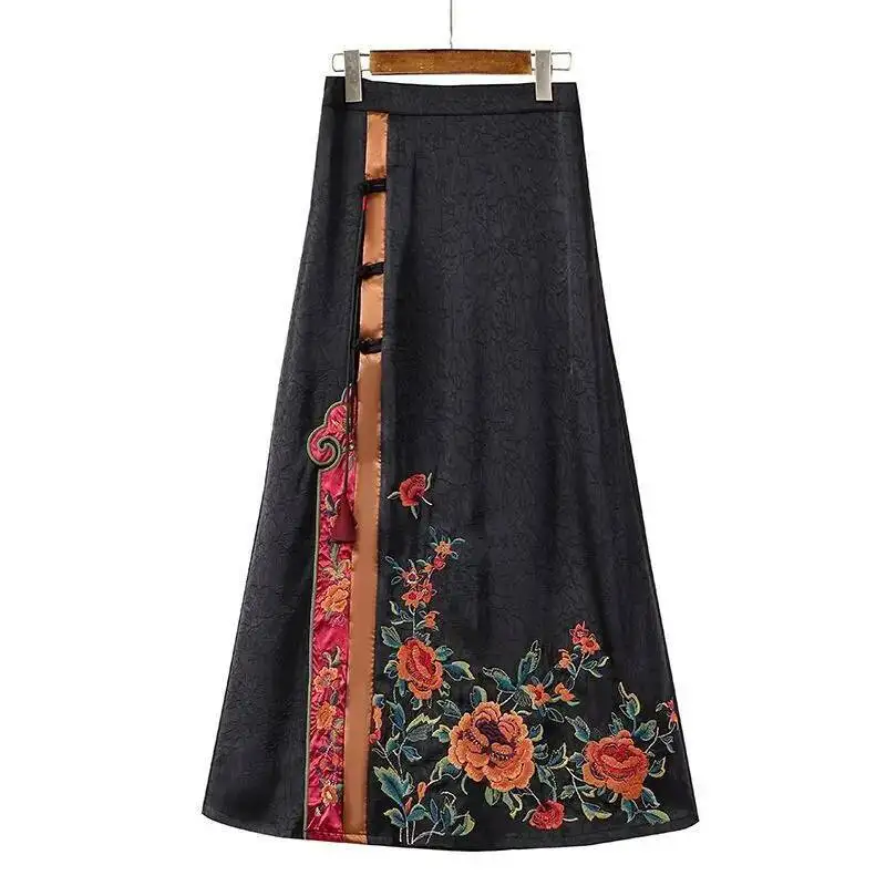 

2025 New Chinese Style Midi Skirt For Women High Waist Skirts Spring Summer Vinyage Floral Embroidery A-line Skirts