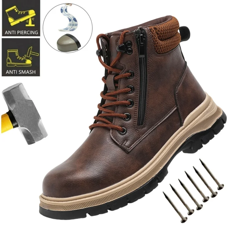 

Pu Leather Waterproof Work Safety Shoes For Men Indestructible Boots Non-slip Industrial Construction Protective Shoes Male
