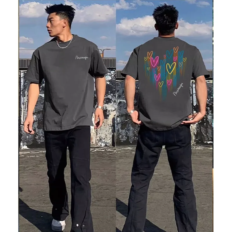 American Heart Love Letter Print T-shirt Men Summer 2025 New 100% Cotton Short sleeve Street Sports T-shirt Y2k Top Men clothing
