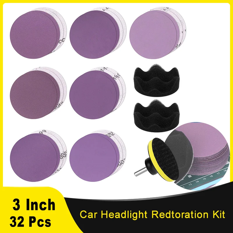 

32 шт. 3-дюймовый комплект для восстановления фар автомобиля с шлифовальным диском и держателем и полировальной губкой для полировки автомобилей, грузовиков, внедорожников
