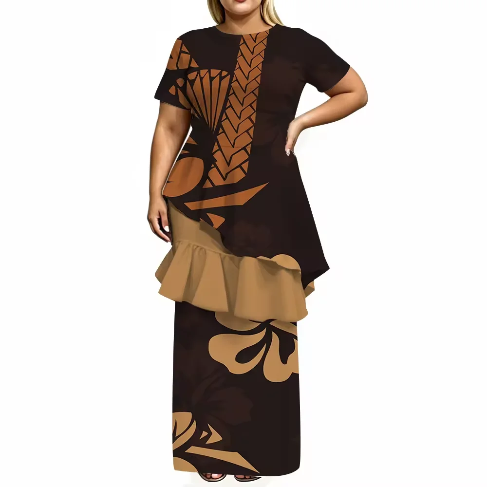 Novo Conjunto de Festa de Férias Feminino Puletasi, Blusa de Manga Curta com Estampa Floral Tribal Polinésia e Saia Maxi, Vestido de Duas Peças
