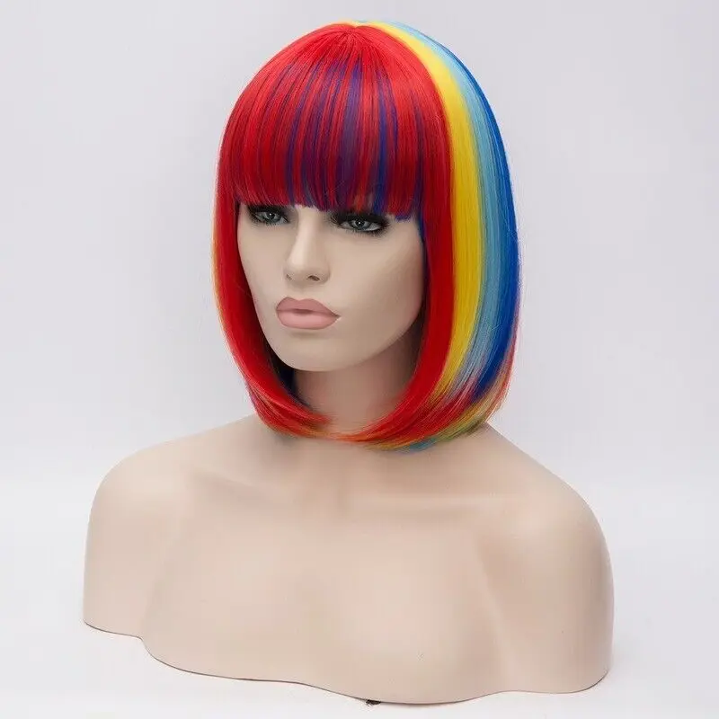 Peruca curta arco-íris reta para mulheres, peruca cheia multicolor cabelo, Cosplay Party