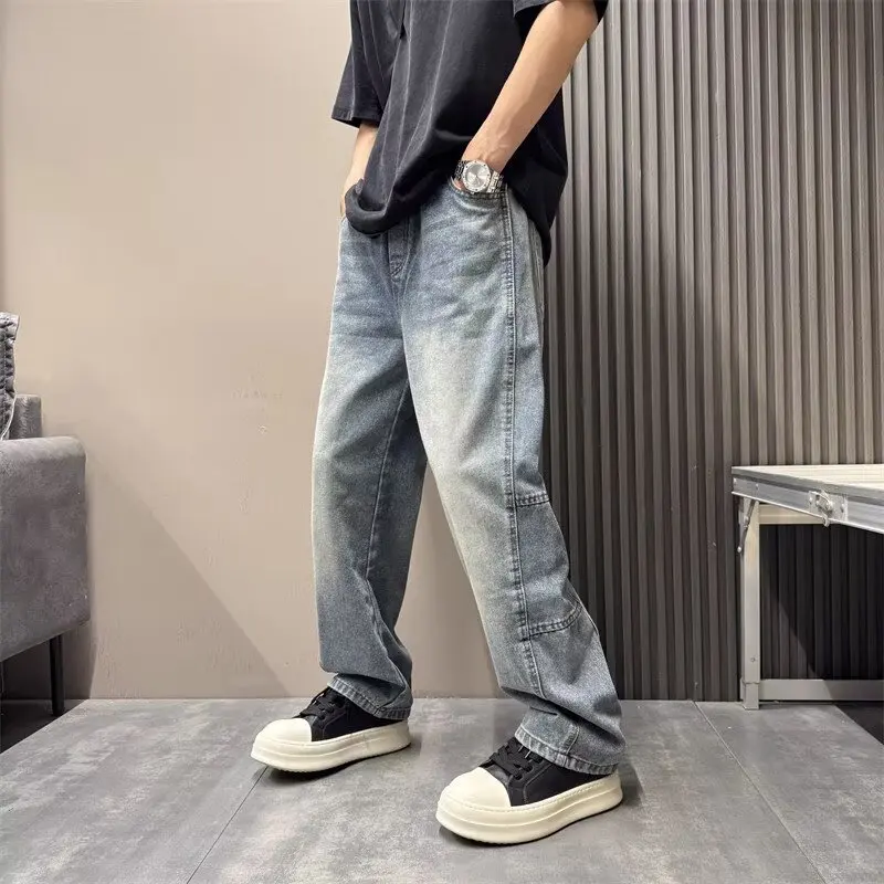 2025 New Korean Jeans Blue Washed Gradient Trendy Loose Straight Leg Made Old Straight Leg Pants