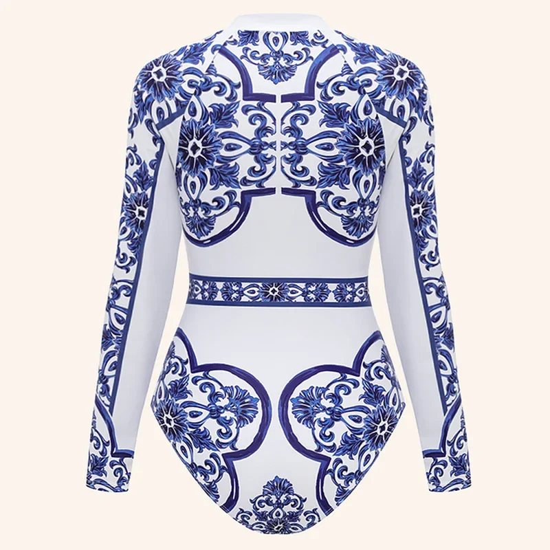 Nuevo traje de baño deportivo para surfear para mujer, traje de baño de una pieza de manga larga, Monokini liso, traje de baño Tropical para mujer