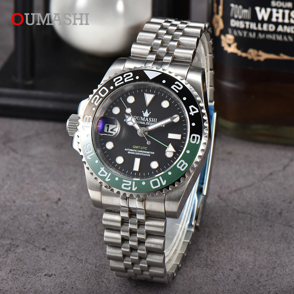 OUMASHI 40mm NH34 Movement 9 O'clock Men's Mechanical Automatic Watch Waterproof GMT Watch Sapphire Glass Stainless Steel Watch