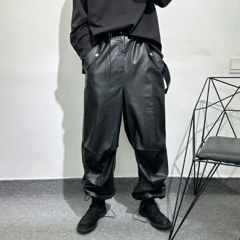 Avant-Garde Leather Pants Men's Niche Dark Design Sense Loose Pleated Wide-Leg Popular Retro Fashionable Straight-Leg
