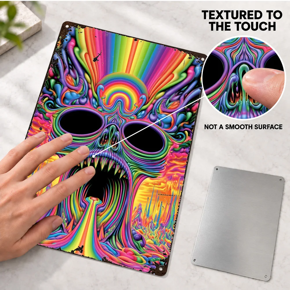 Psychedelic Skull Rainbow Textured Metal Poster Bold Design Creative Workspace Wall Art Customized Aluminum Sign Birthday Gift