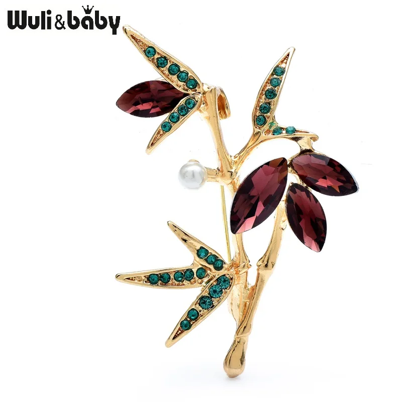 Wuli&baby Crystal Bamboo Brooches For Women Beautiful Flowers Plants Party Office Brooch Pins Gifts