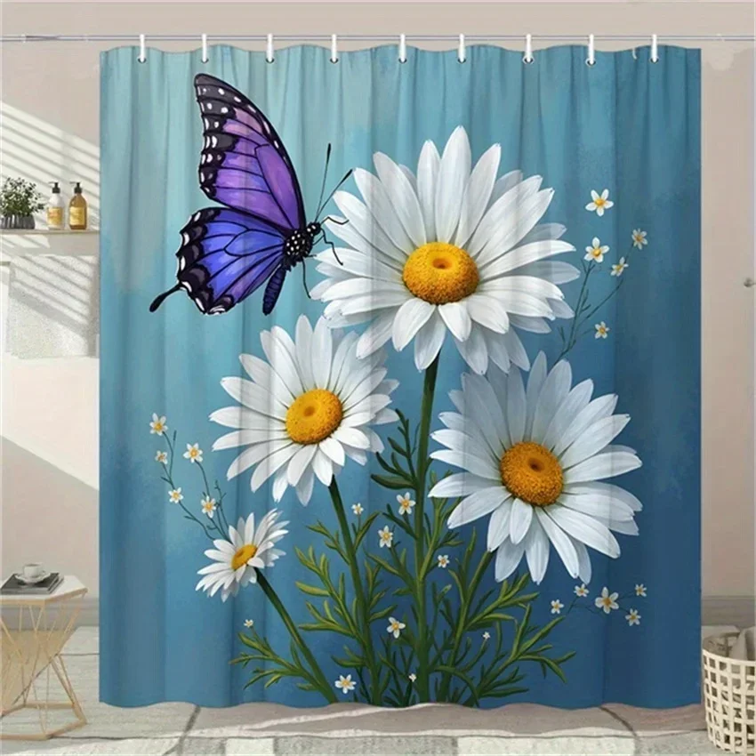 

~O~1pc White Blue Daisies Shower Curtain - Purple Butterfly, Teal Background, Soft Petals, 70.8x70.8In, 12 Hooks