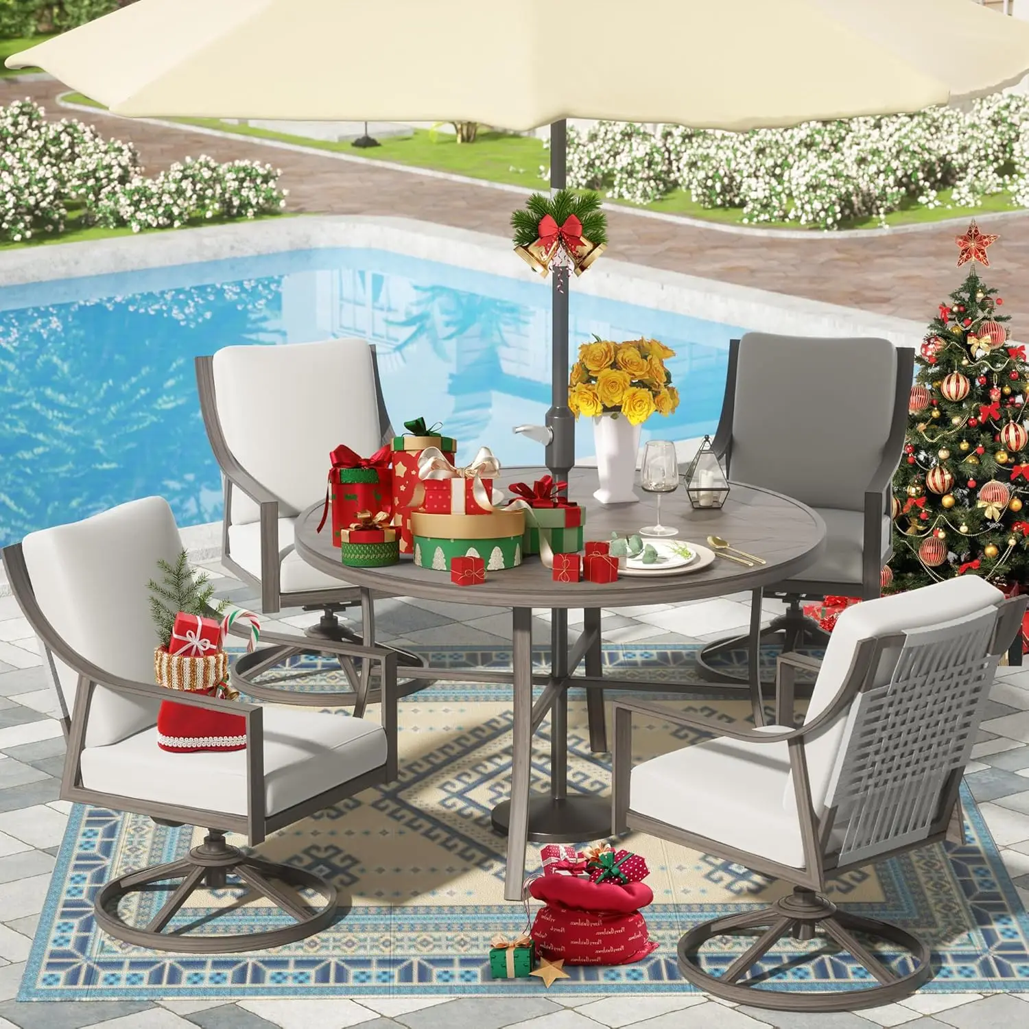 5-Piece Outdoor Patio Dining Set, 4pcs Patio Swivel Rocking Chairs and 38’’ Round Dining Table w/ 1.65’’ Umbrella Hole HOT