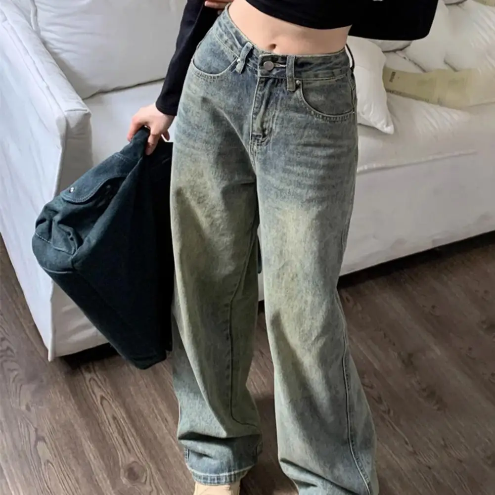 

Women Jeans High Waist Wide Leg Floor Length Distressed Straight Pockets Loose Denim Pants pantalon femme