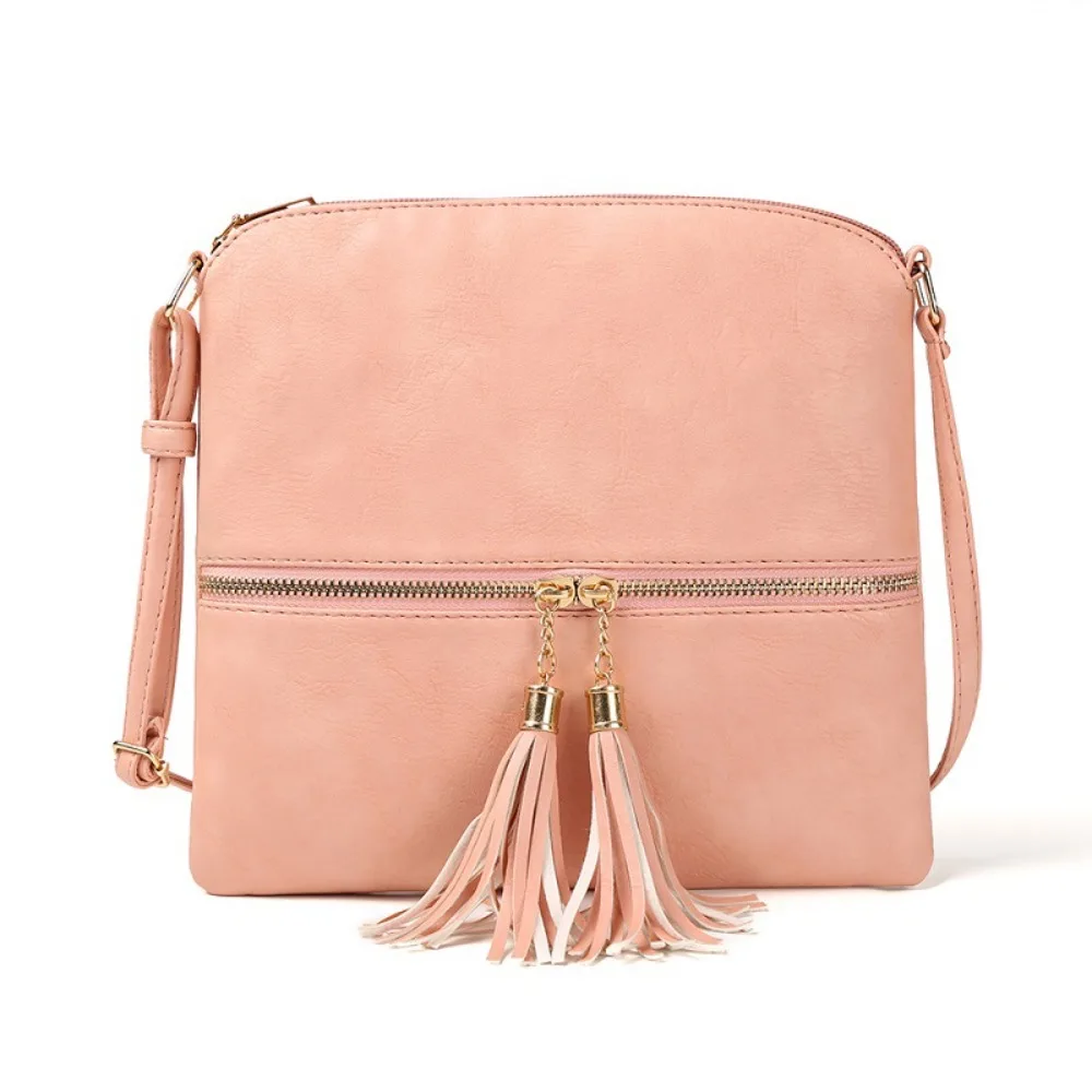 

Fashionable PU Leather Tassel Women Bag Adjustable Strap Large Capacity Crossbody Bag Solid Color Messenger Bag Women