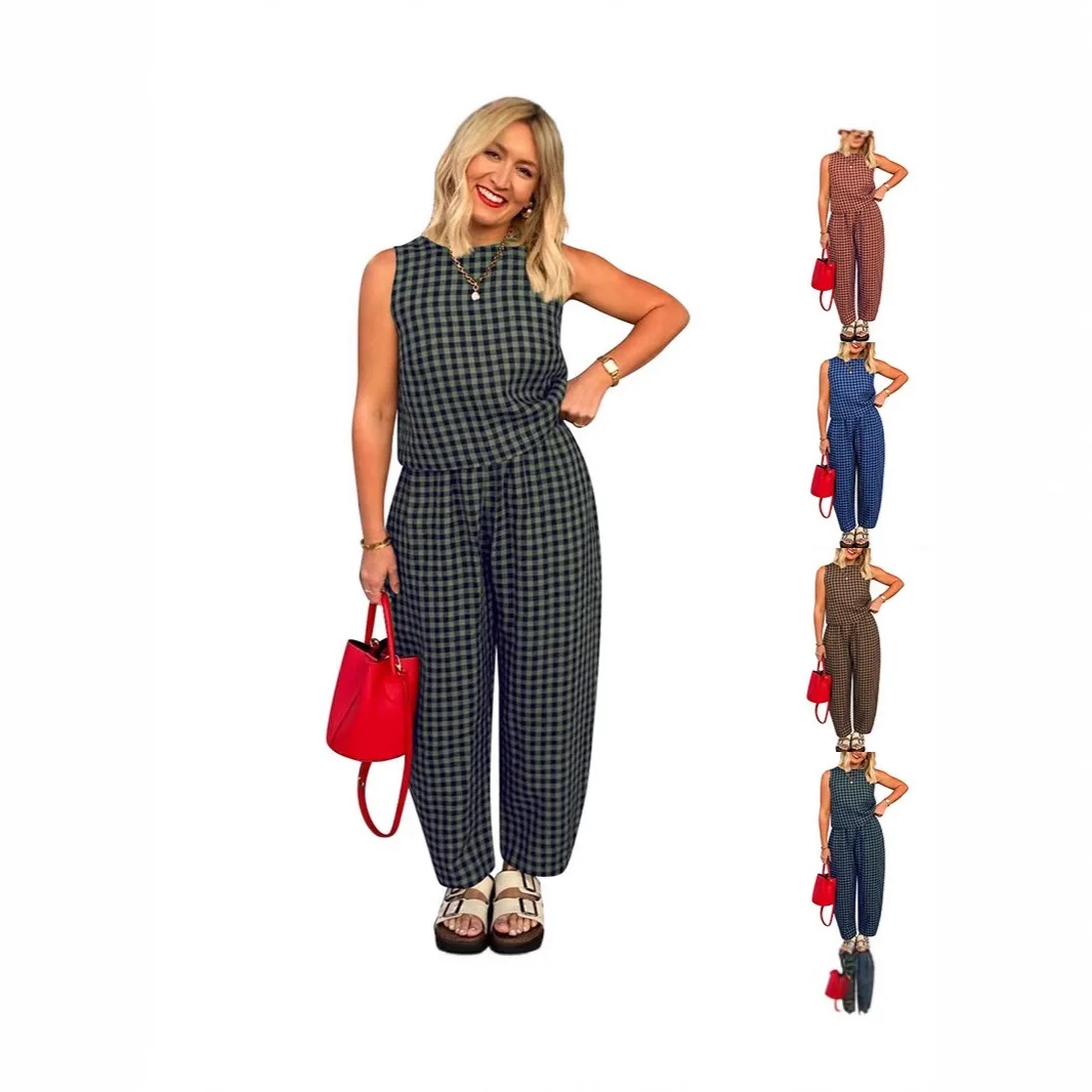 

2025 Новый однотонный клетчатый свободный повседневный жилет без рукавов, комплект брюк, европейская и американская женская одежда