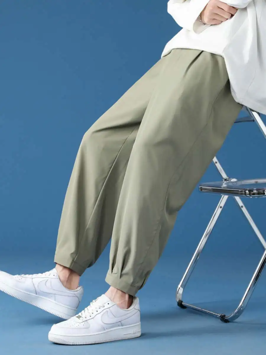 

Новые легкие брюки из ледяного шелка, повседневные прямые спортивные брюки для студентов, мужские, укороченные, на молнии, со средней талией, весенние