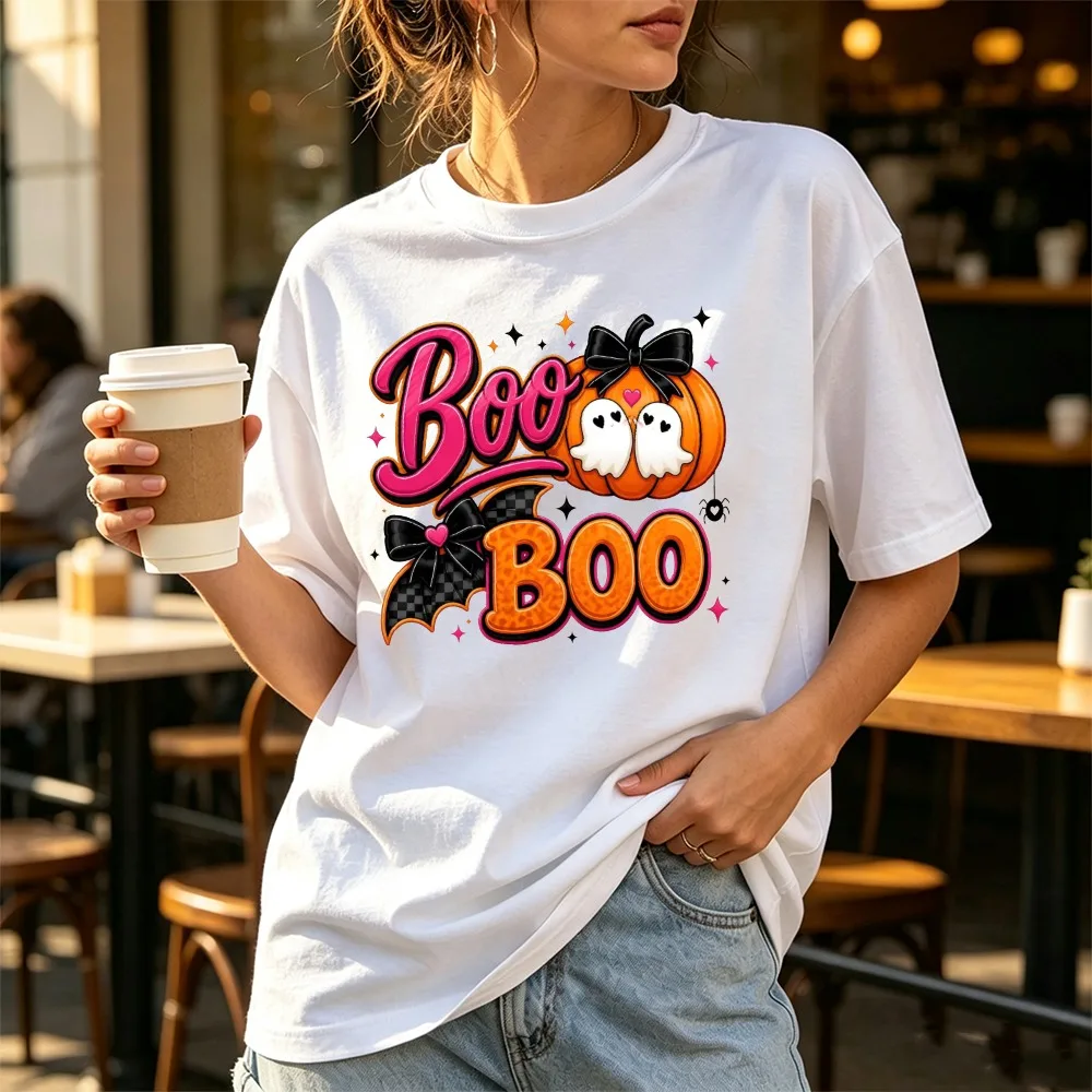 Cute Halloween Boo Ghost Pumpkin Pink Graphic Tee Short Sleeve Trendy Aesthetic Preppy Y2K Casual Women Top Women Clothes