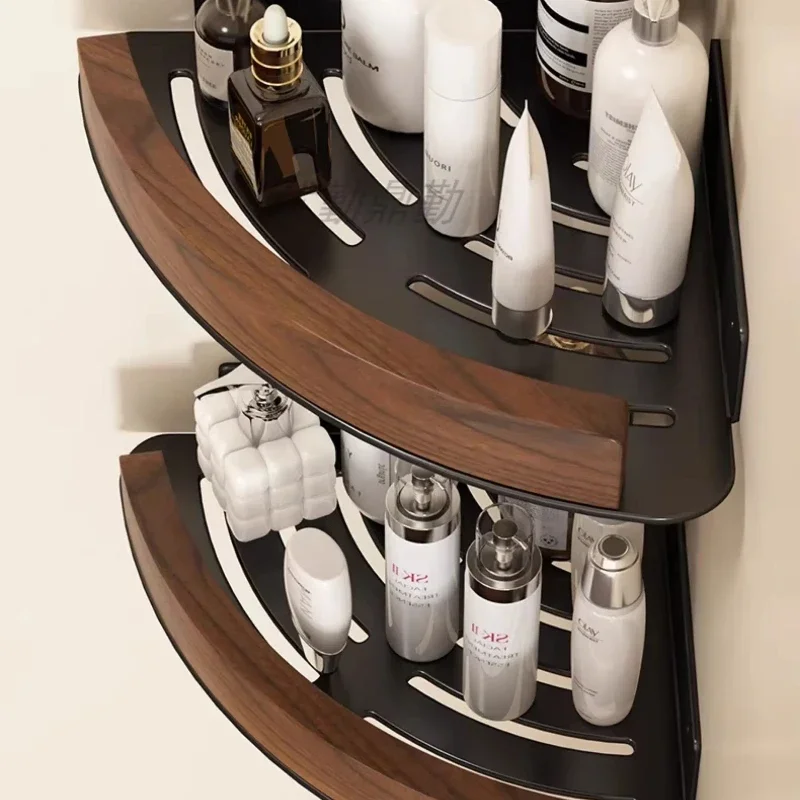 Walnut Wood Bathroom Rack - No Drill Towel Holder, Rustproof Organizer, Corner Bracket, Premium Bath Accessory