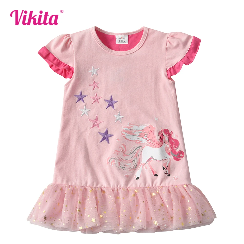 

VIKITA Girls Flare Sleeve Summer T Shirt Kids Ruffles Mesh Tulle Cotton Casual Tops and Tees Kids Unicorn Star Appliqued T Shirt