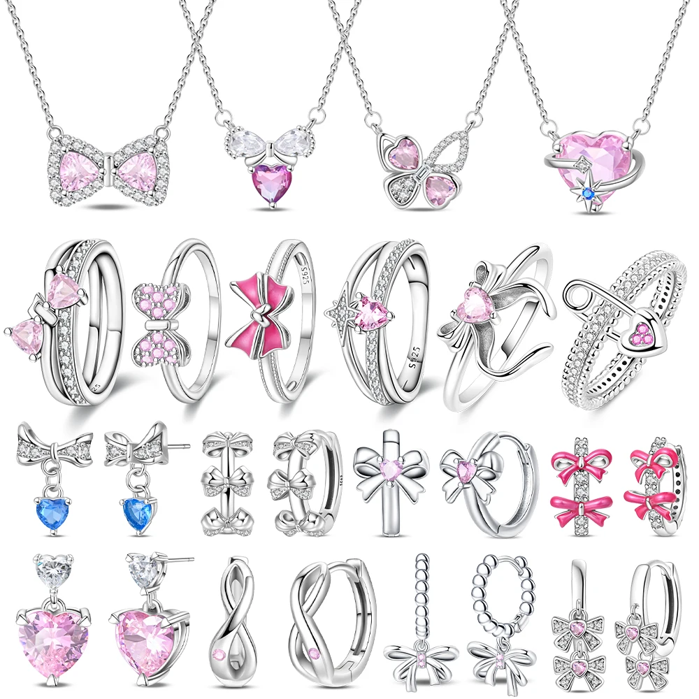 925 prata dia dos namorados conjunto de jóias duplo amor anel zircão brilhante brincos pulseiras colar original diy feminino presente fino