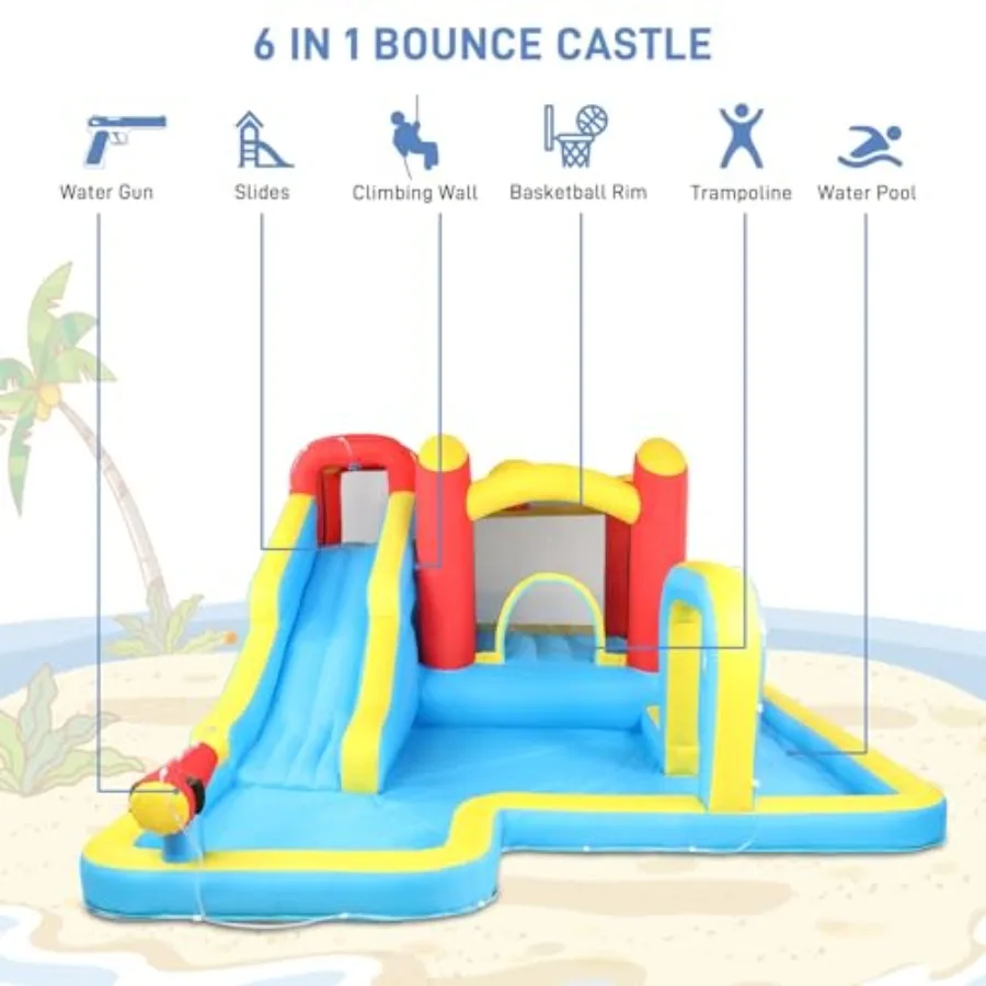 Inflatable Bounce House, Jumping Outdoor Air Castle Bouncer Double Water Slide with 750W Air-Blower (181" L x 143.7" W x 76.8" H