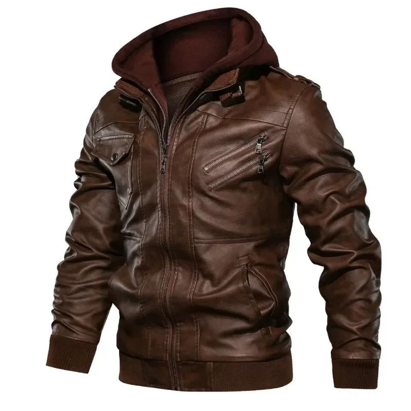 Fall Winter Vintage Men's PU Leather Jacket Detachable Hooded Jacket Men Fashion Motorcycle Coat