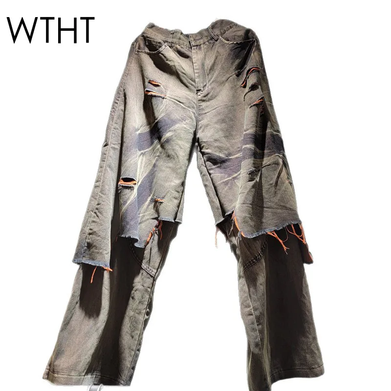 

Модные женские джинсы WTHT с эффектом двухслойности и пэчворком, свободного кроя, весна 2026, новинка, с высокой талией, прямые, из денима, модель 1LS2870