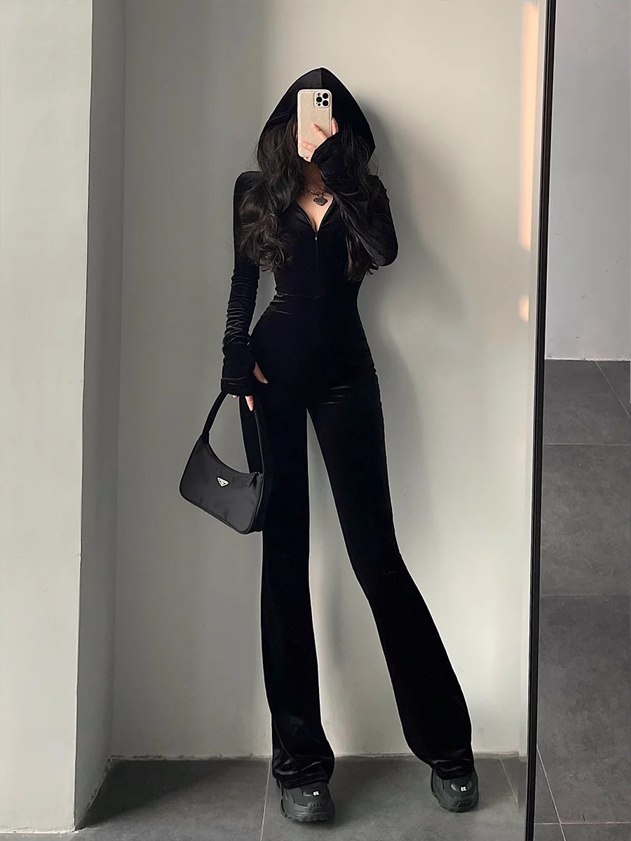 Womengaga Fashion Zwart Fluwelen Slanke Capuchon Rits Lange Mouw Flare Broek Jumpsuit Rompertjes Koreaanse Sexy Hot Tops 2022 9P64