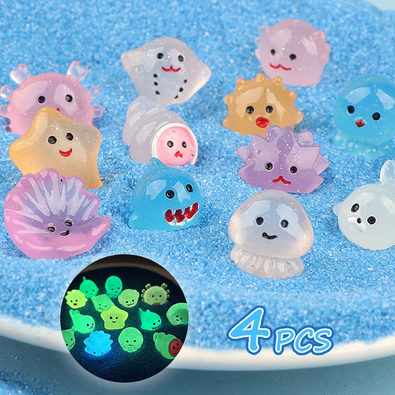 4Pcs Mini Luminous Ocean Animal Ornaments Cartoon Whale Seashells Octopus Dolphin Micro Landscape Decor Dollhouse Miniature Toy