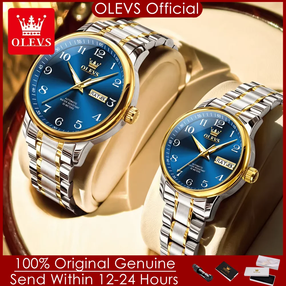 OLEVS 7072 Automatic Watches for Men Women Stainless Steel Waterproof Dual Calendar Luminous Mechanical Wristwatch Couple Watch