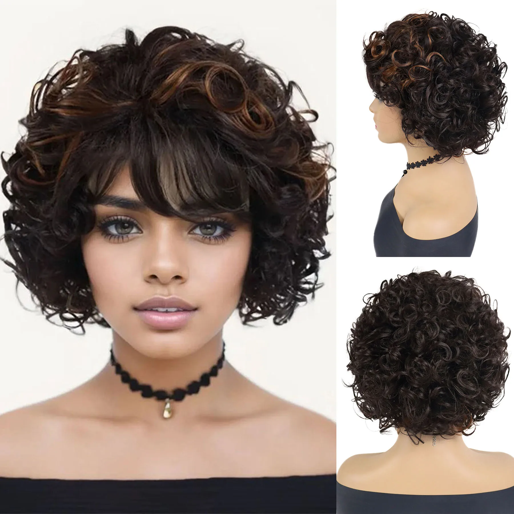 

Синтетический короткий пушистый кудрявый парик-боб для женщин, черно-коричневый парик с челкой, для повседневной носки, костюмированных вечеринок, термостойкий, парик для мам