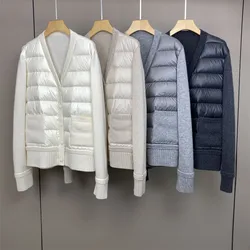 Autumn Women's Down Jacket Cashmere Spliced Long Sleeve V-Neck Winter Warm Coat High Quality