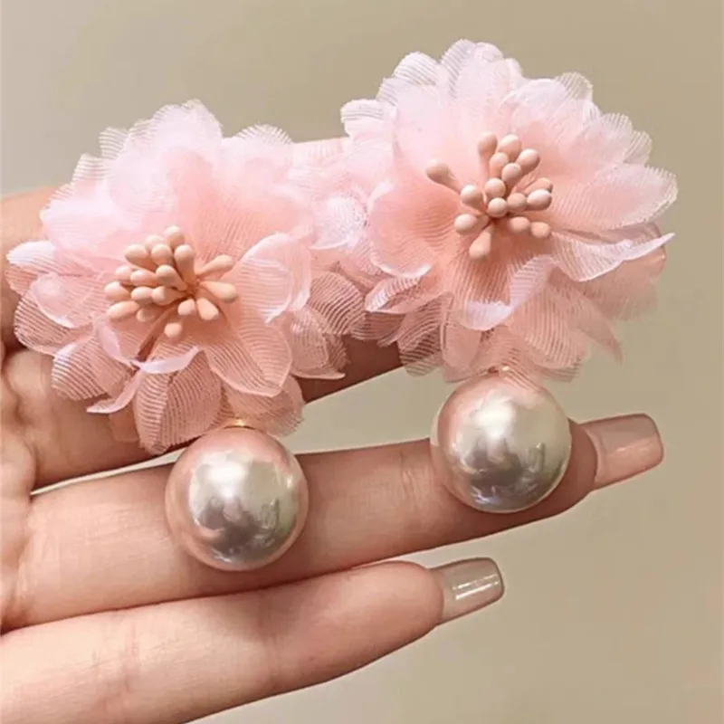 Korean Fashion Fabric Pink Flower Pendant Earrings For Women Romantic Sweet Flower Pearl Stud Earrings Wedding Party Jewelry