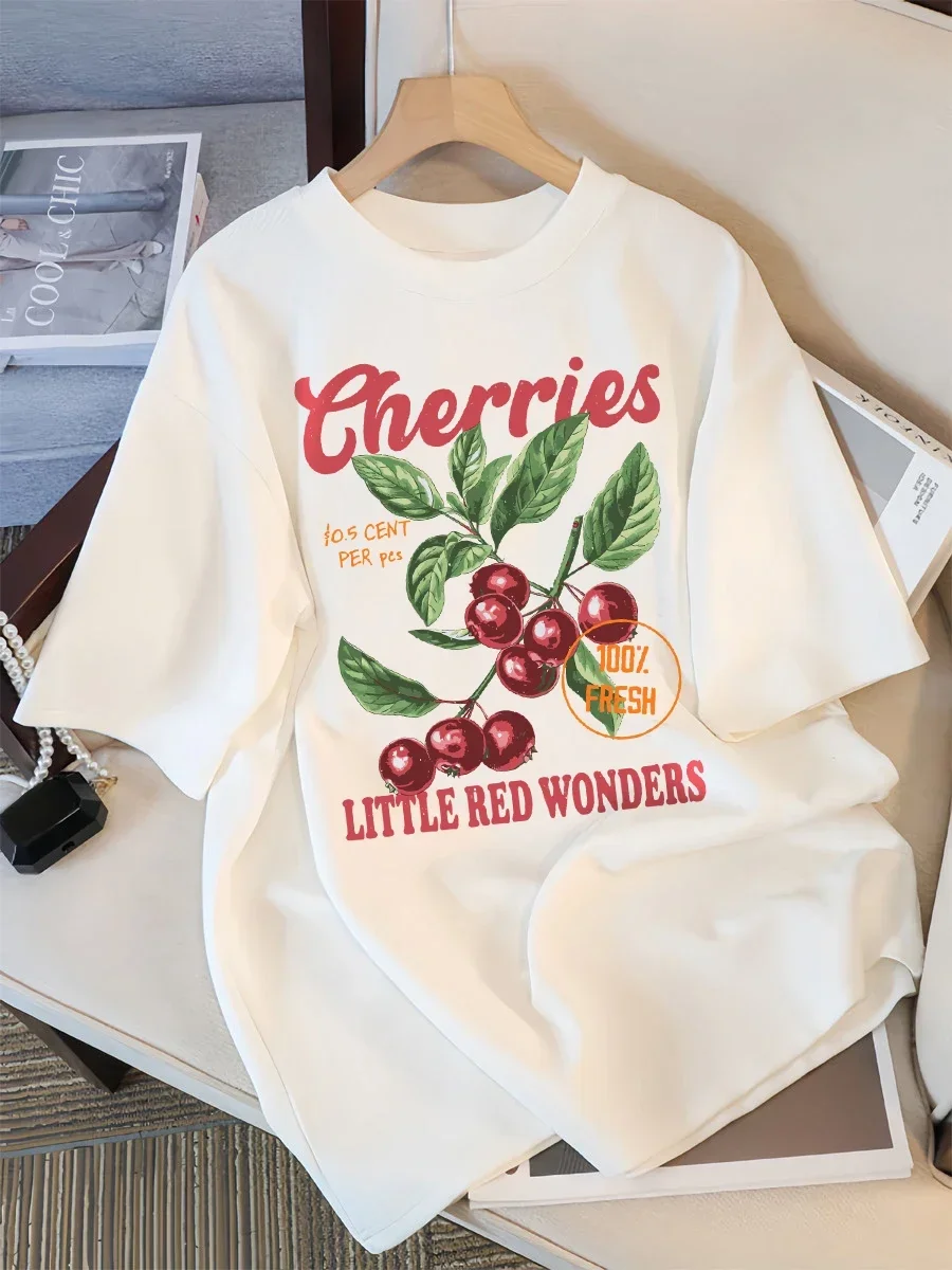 Camiseta com design de cerezas frescas y pequenas maravillas rojas para mujercamisetas informale ropa deportiva femenina de