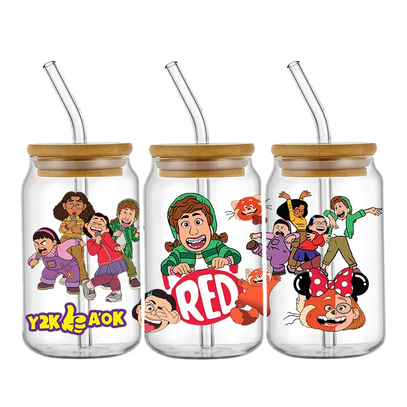 Autocollants de transfert de gobelet à bière, Disney Turning Red, 16oz UV DTF Cup Round, Cartoon étiez bey, Imperméable, Adhésif en continu