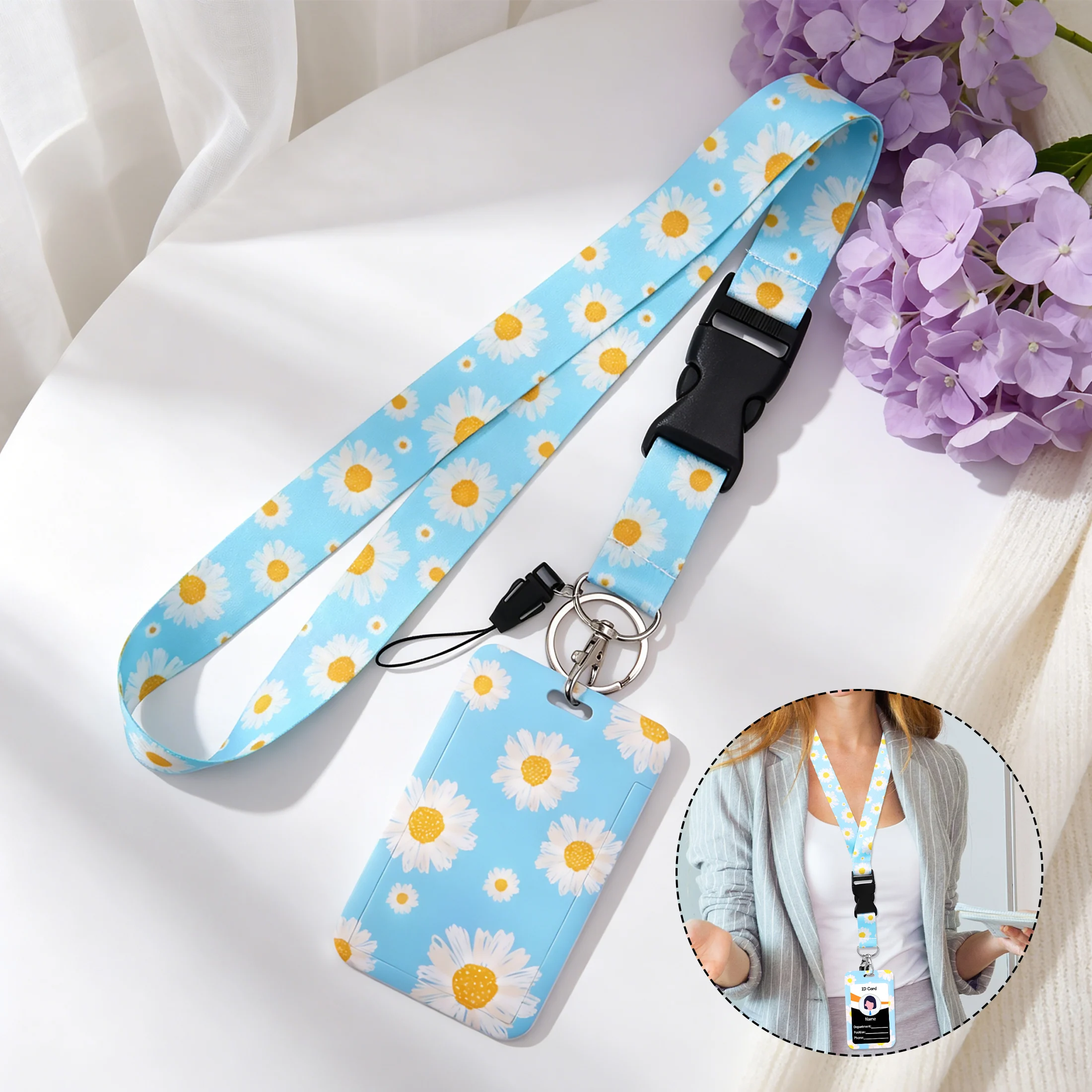 Cute Light Blue White Daisy Print Teacher Lanyard with ID Card Holder Neck Strap Keychain ID Badge Phone Lanyard Office Supplies