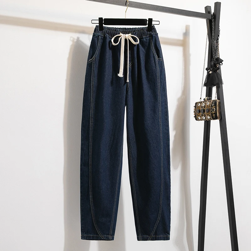 Women New Jeans Elastic Waist Strap Design Large Size Spring Autumn Style Loose Slim Fit Blue Denim Pants High Waist Retro